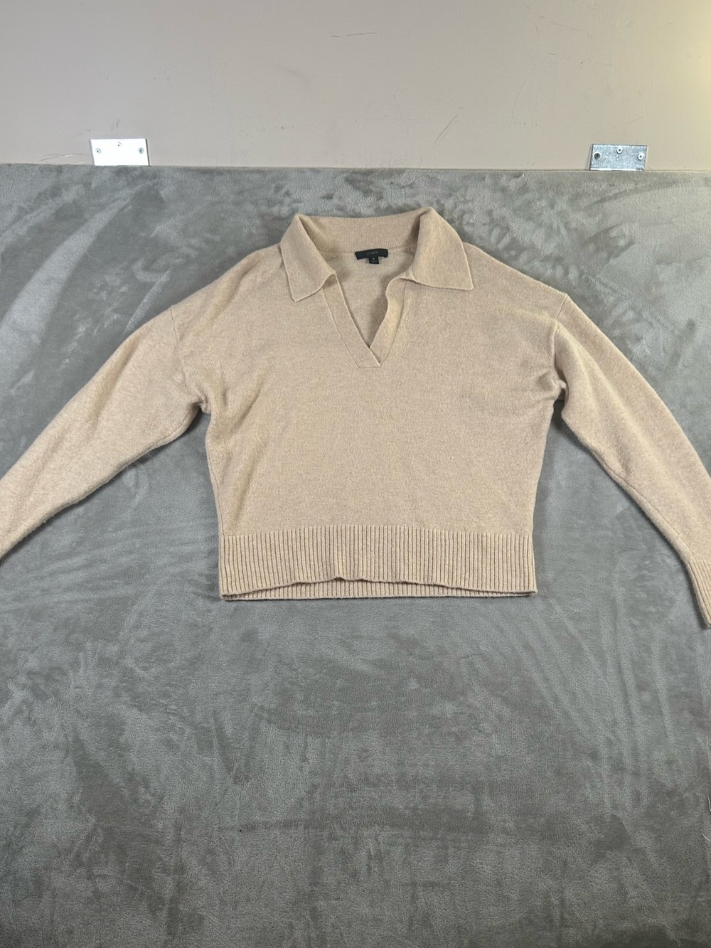 J.Crew Cropped Collared V-Neck Sweater in Beige